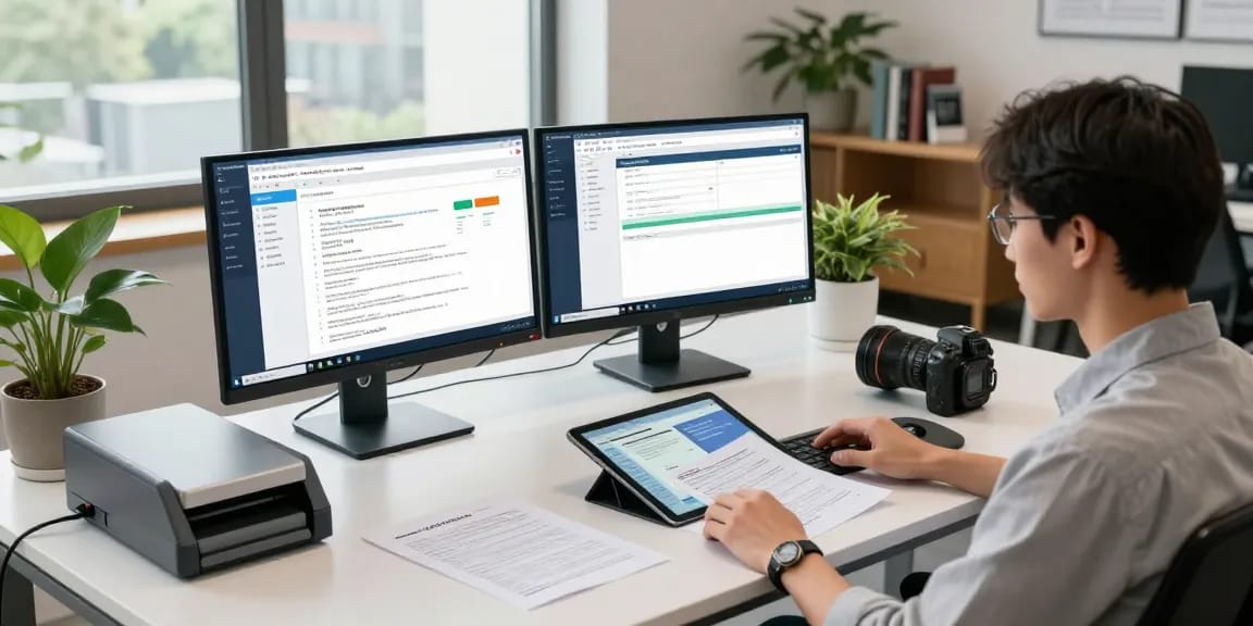 Advanced AI in document fraud detection analysis at a modern tech workspace.