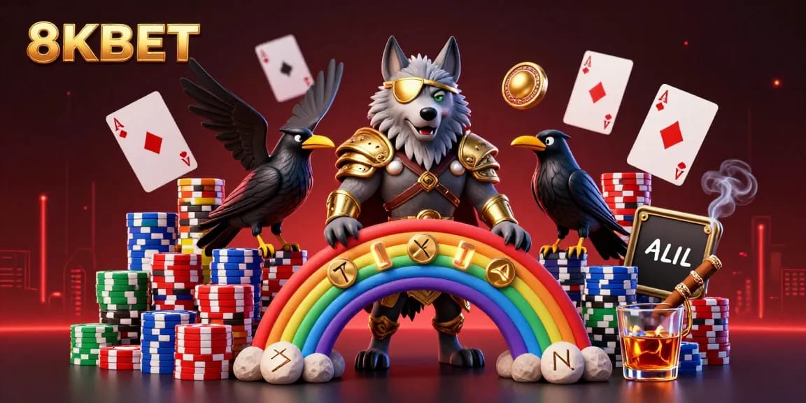 Engage in thrilling gameplay with 8KBET, featuring a vibrant casino scene of Norse mythology characters.