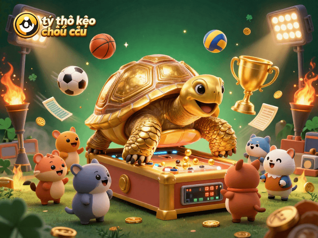 Engage with tỷ lệ kèo nhà cái in a vibrant 3D scene featuring a golden tortoise pinball machine and exciting sports betting elements.