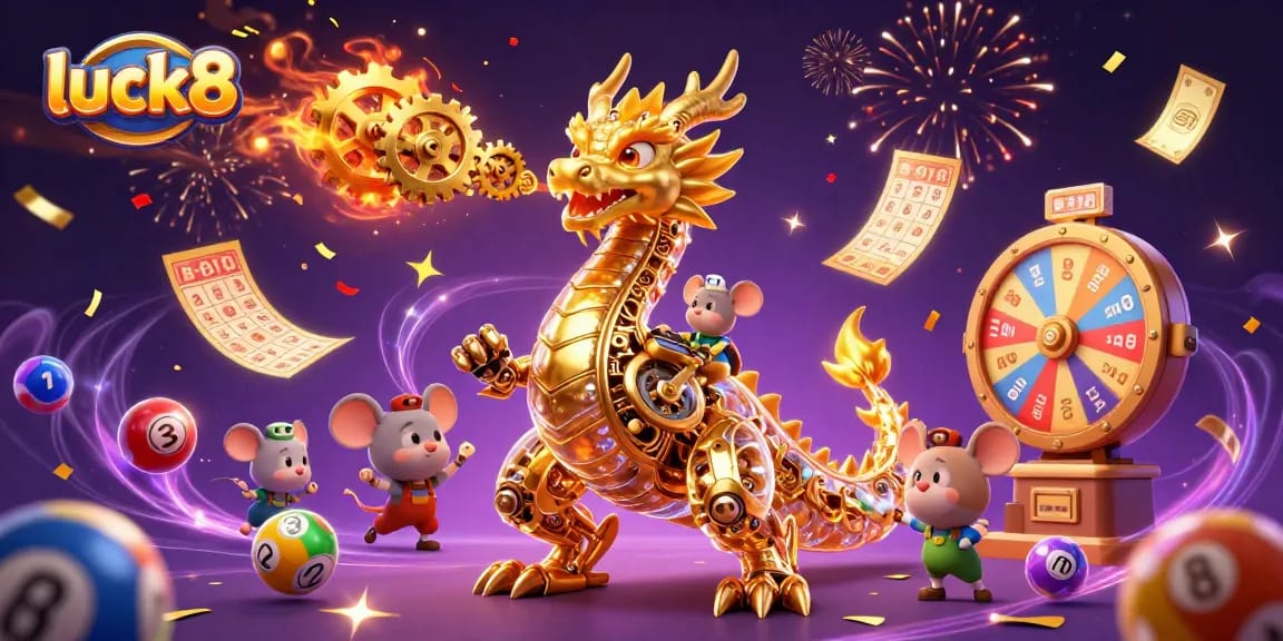 Spin to win with luck8 in a vibrant 3D casino scene filled with lottery elements and celebration.