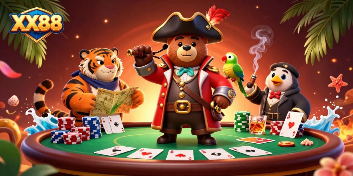 Experience the excitement of XX88 with a pirate bear at a thrilling poker table.