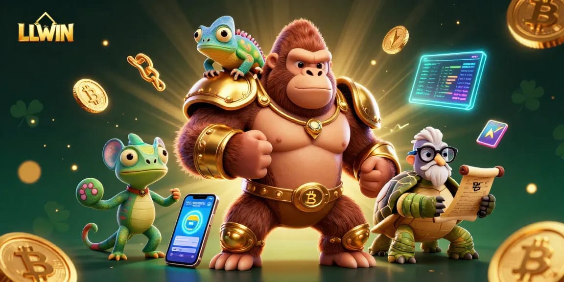 Engage in thrilling gaming at LLWIN with a powerful gorilla king, lively chameleon, and wise tortoise overseeing vibrant crypto elements.