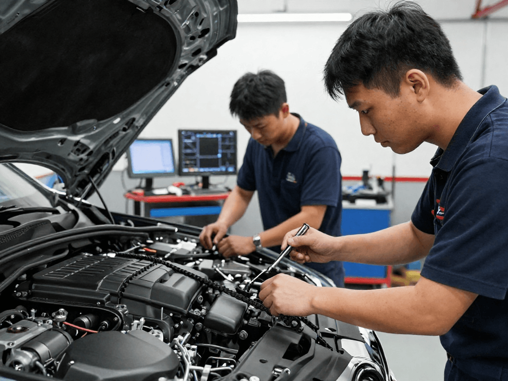 Professionelle Techniker beim BMW Steuerkette wechseln in einer modernen Werkstatt