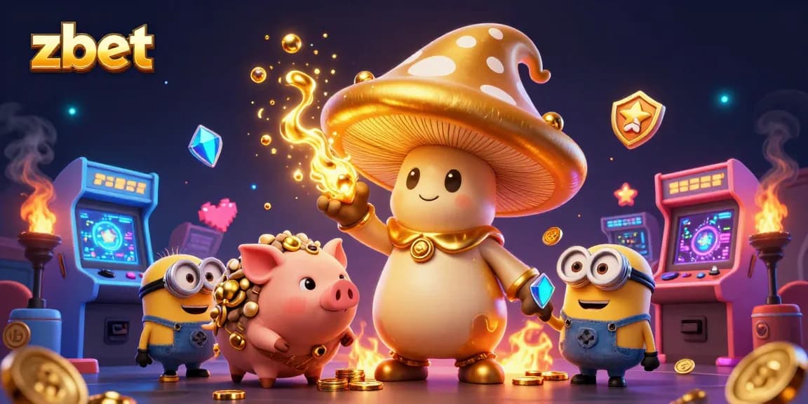 Experience exciting zbet gaming with a golden wizard, treasure pig, and colorful arcade elements.