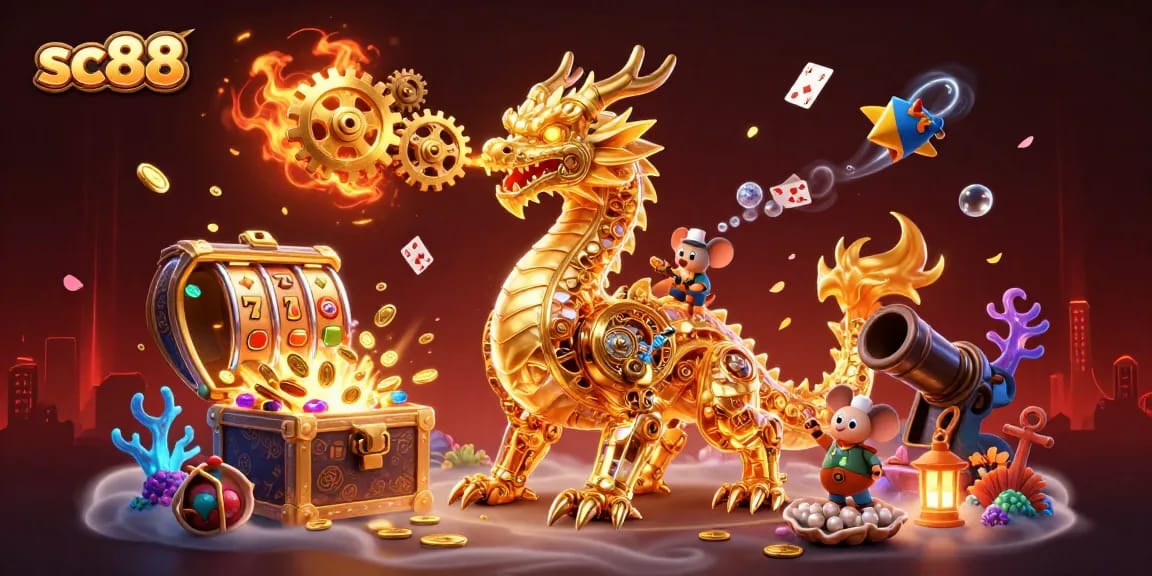 sc88 showcases a biomechanical dragon amidst vibrant casino elements for a stunning illustration.