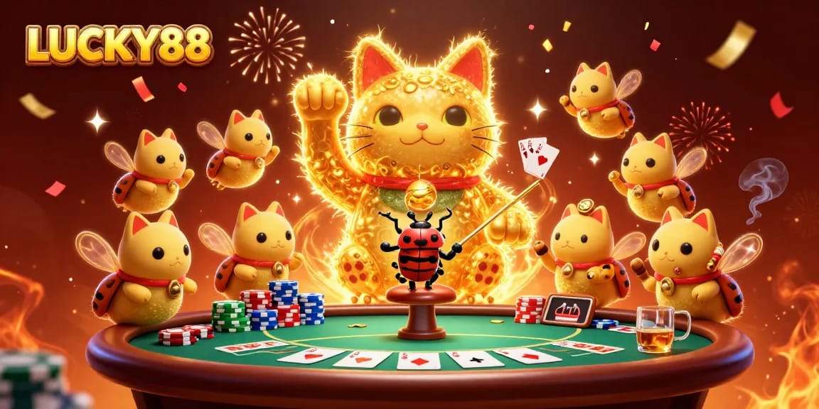 Experience the excitement of LUCKY88 with a vibrant 3D casino illustration featuring dynamic gaming elements.