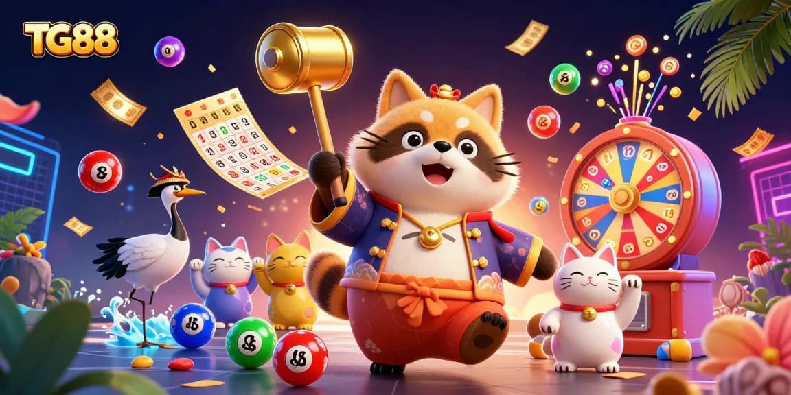 Experience winning excitement at TG88 with a cheerful tanuki and colorful lottery elements.