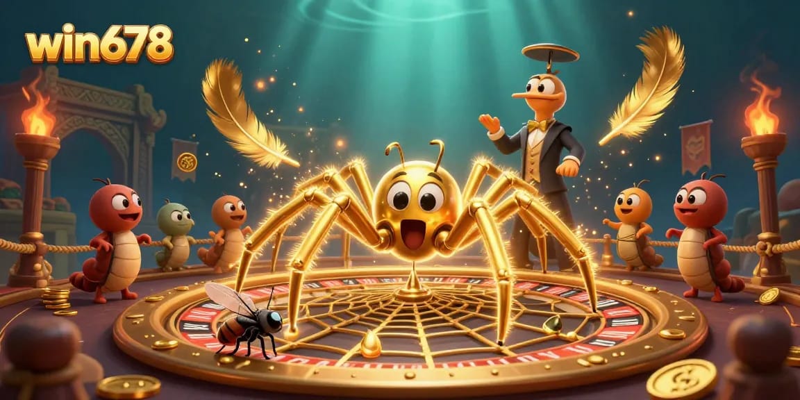Experience thrilling bets at win678 with a golden spider spinning a vibrant roulette web.