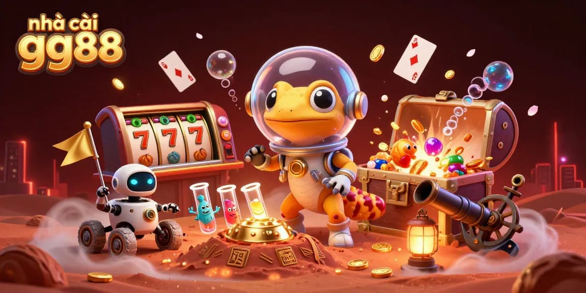 Experience gaming at nhà cái gg88 with Martian gecko and golden casino in a vibrant 3D illustration.