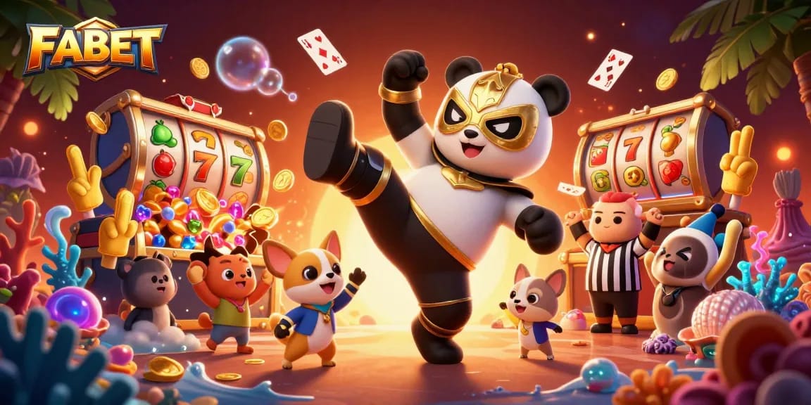 FABET showcases a dynamic 3D illustration with a panda wrestler, casino symbols, and exciting animal spectators.