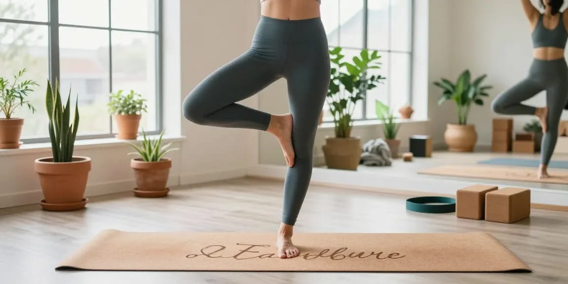 Practicing yoga on personalized cork yoga mat, showcasing custom engraving for unique style and comfort.