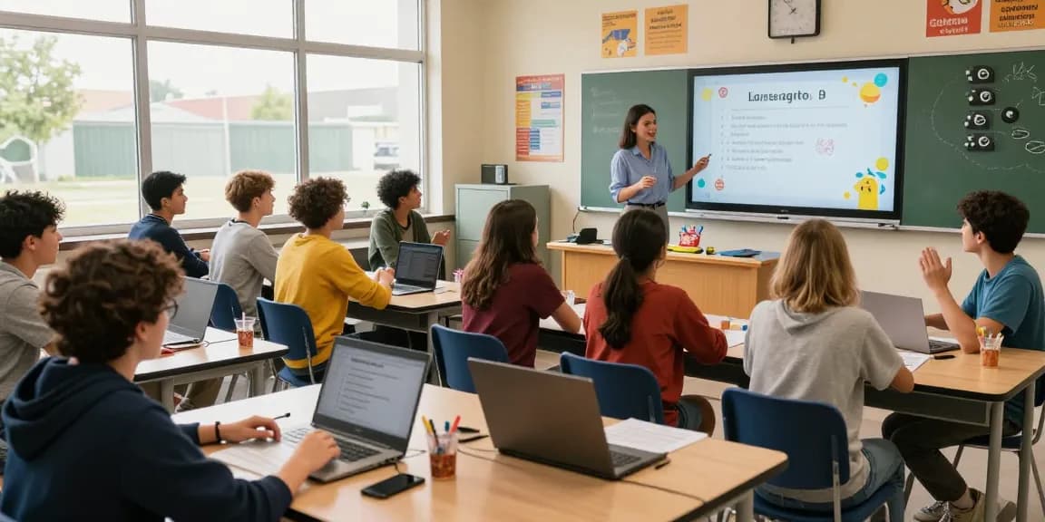Quiz Allgemeinwissen Wettbewerb in einem lebhaften Klassenzimmer mit Schülern und Lehrern.