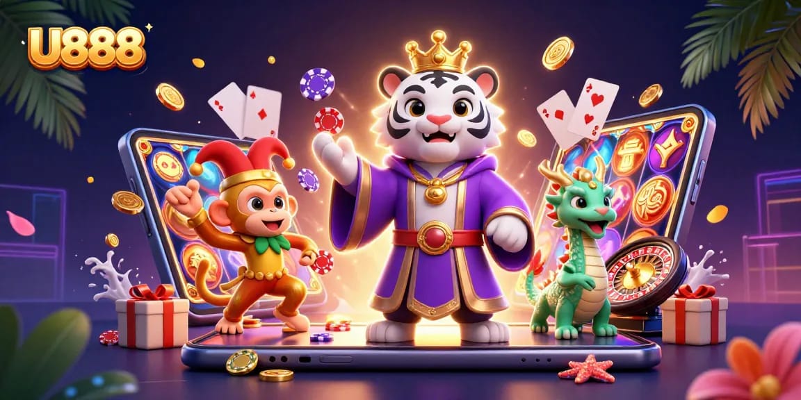 U888 offers exciting casino fun, featuring a 3D white tiger and vibrant gaming elements.