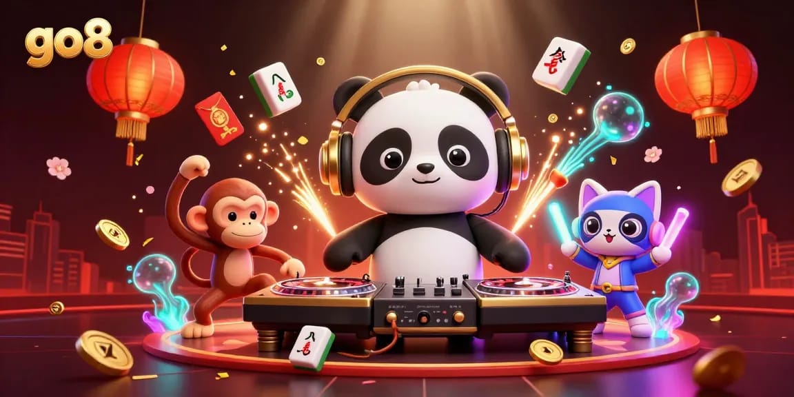 Experience excitement at go8 with a vibrant, animated 3D casino scene featuring energetic characters and casino elements.