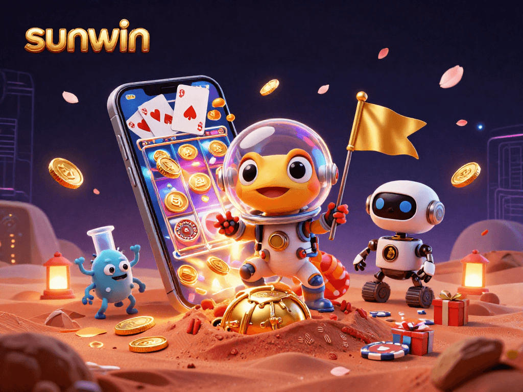 Engage in sunwin's vibrant casino adventure with a Martian gecko exploring a golden treasure.