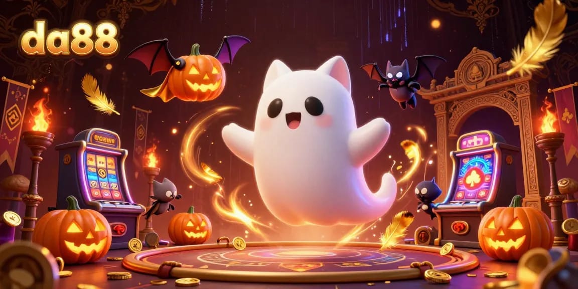 Engage with da88's exciting online casino experience featuring a haunted scene with a ghost cat and poker-themed elements.