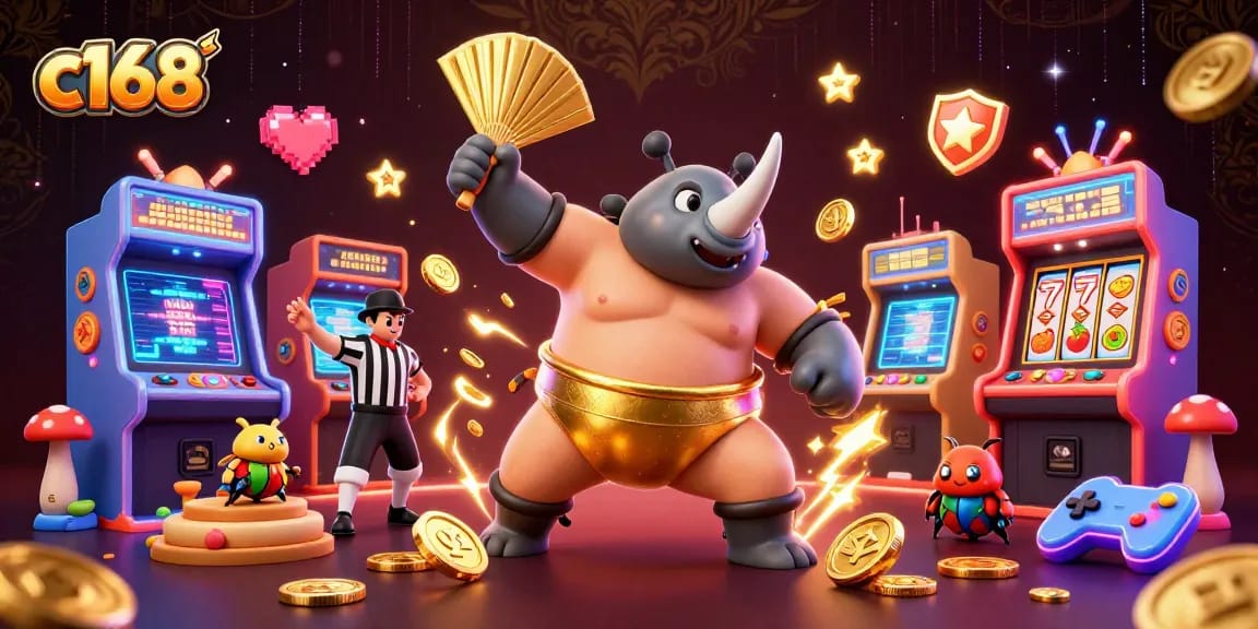 c168 illuminates the 3D casino theme with a beetle champion soaring coins in a dynamic gaming scene.