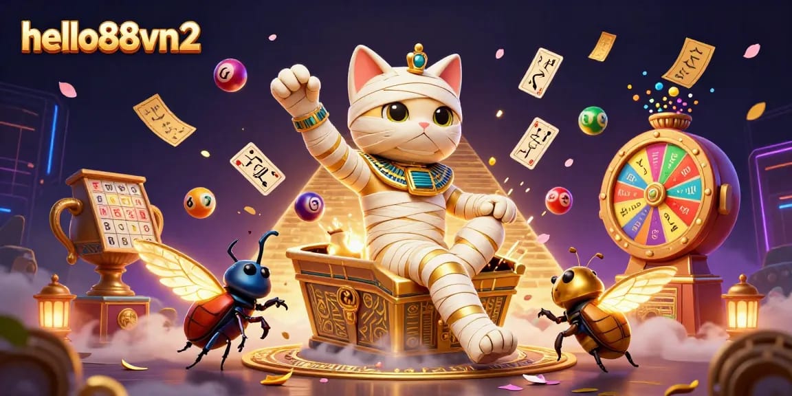Engage with hello88vn2's vibrant 3D casino scene showcasing the mummy cat and golden elements.
