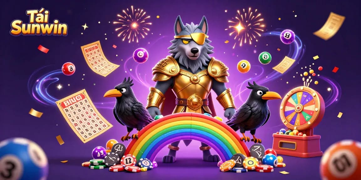 Tải Sunwin features an epic scene with Odin wolf and ravens among casino elements, celebrating wins.