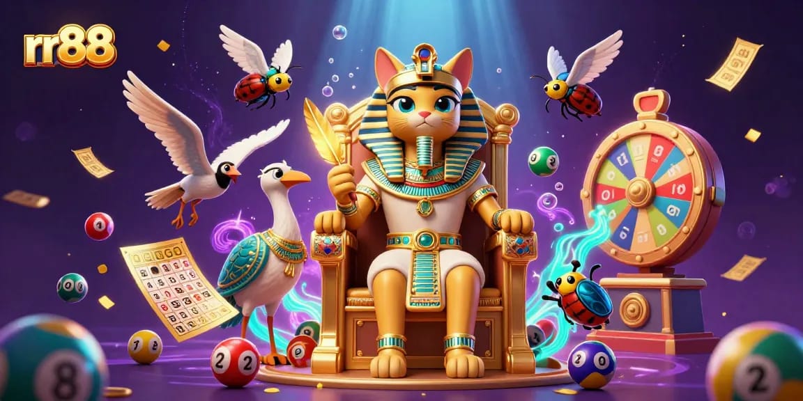 The 3D illustration showcases rr88, an Egyptian pharaoh cat holding court amid colorful lottery balls and casino elements.