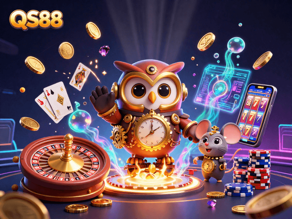 Experience the excitement of QS88 with our dynamic 3D illustration of a casino scene featuring a time-traveler owl.