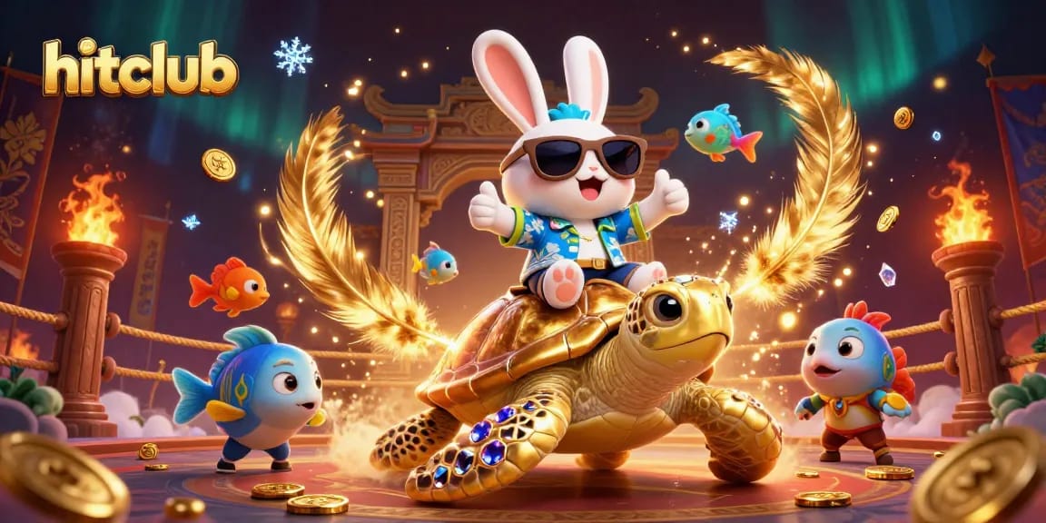 Hitclub's lucky rabbit and golden turtle celebrating amidst vibrant casino elements in an enchanting scene.