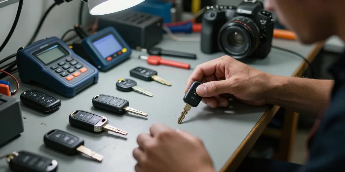 Ersatzschlüssel auto: Ein Schlüsselservice, der sich auf die Reparatur und den Austausch von Autoschlüsseln spezialisiert hat, mit verschiedenen Autoschlüsseln auf einem Werkstatttisch.