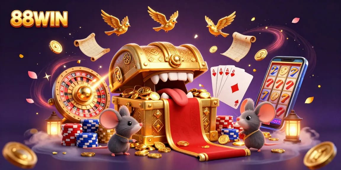 Experience the excitement of 88WIN with adventurer mice lured by treasure in a captivating casino scene.