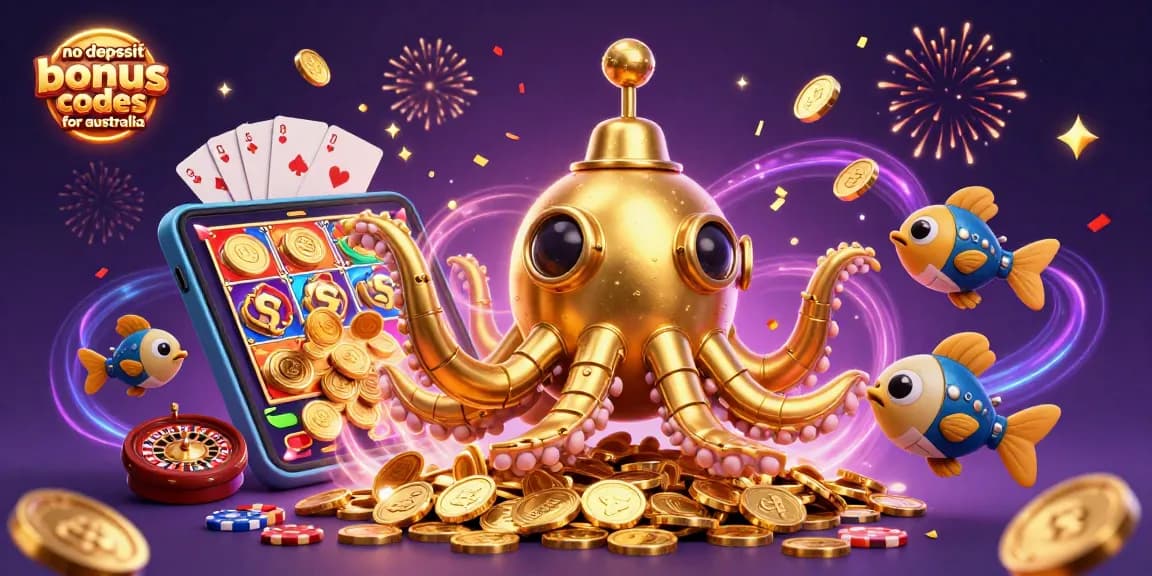 No deposit bonus codes for australia seen in a vibrant 3D scene featuring a golden kraken submarine amidst golden coins.