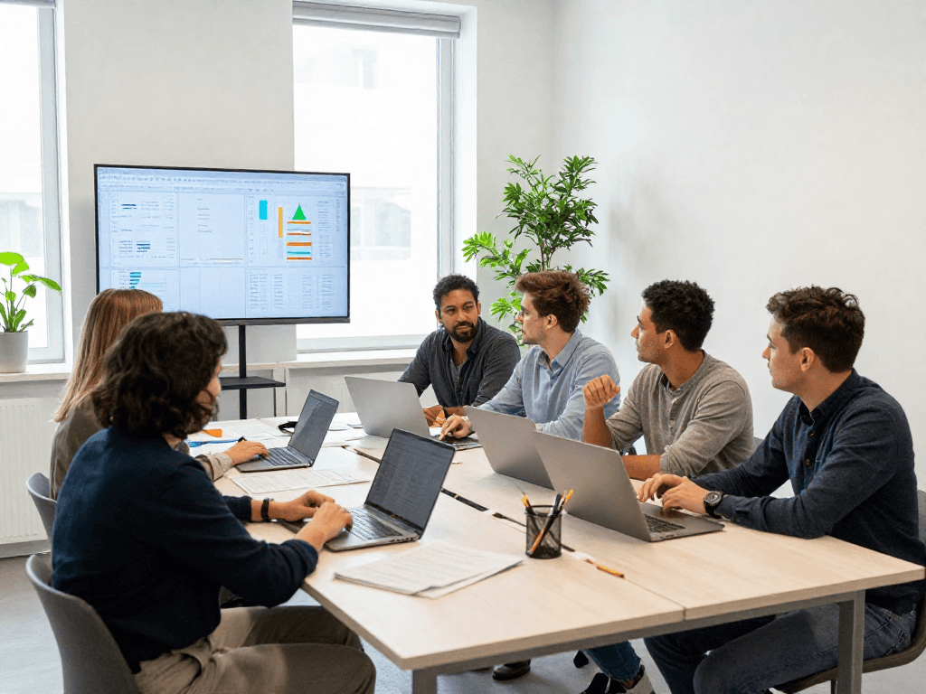 Büroreinigung Göttingen in einem modernen Büro mit einem engagierten Team, das an einem Projekt arbeitet.
