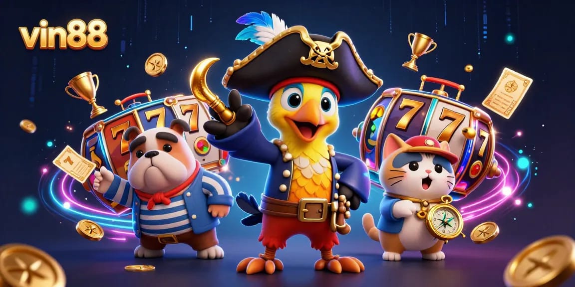Join the excitement at vin88 casino with a lively pirate captain, his bulldog mate, and a cat navigator in a vibrant gaming world.