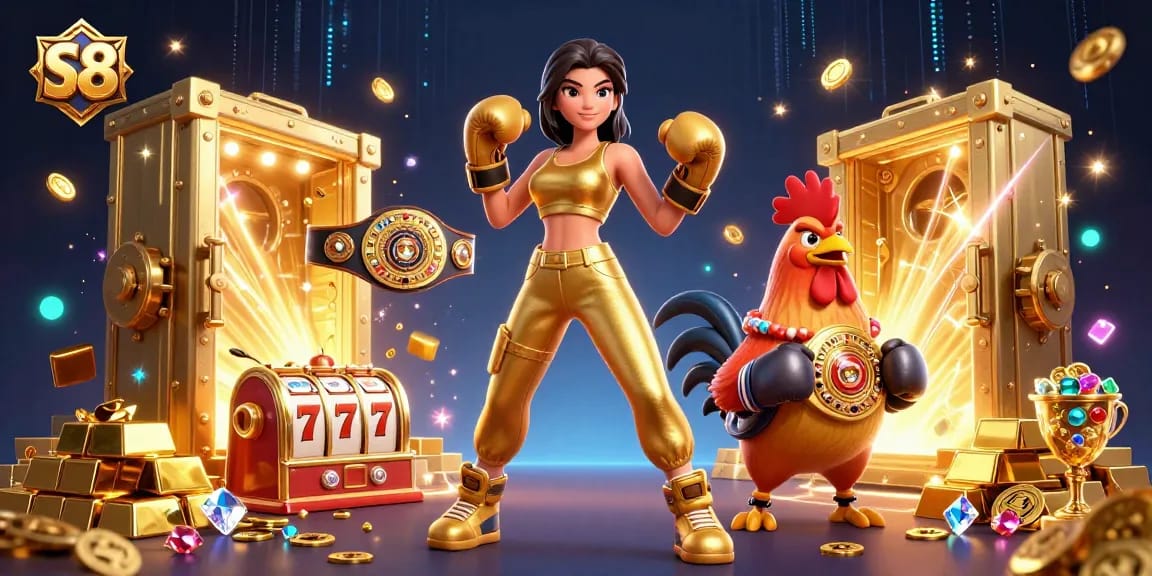S8 gamblers enjoy thrilling jackpots in a vibrant 3D casino illustration packed with action.