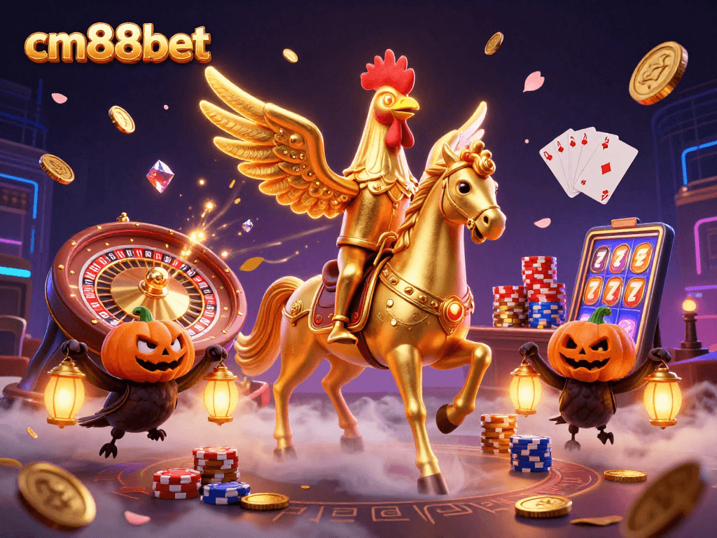 cm88bet showcases a golden rooster and companions in a vibrant casino scene with enchanting lights and gold coins.
