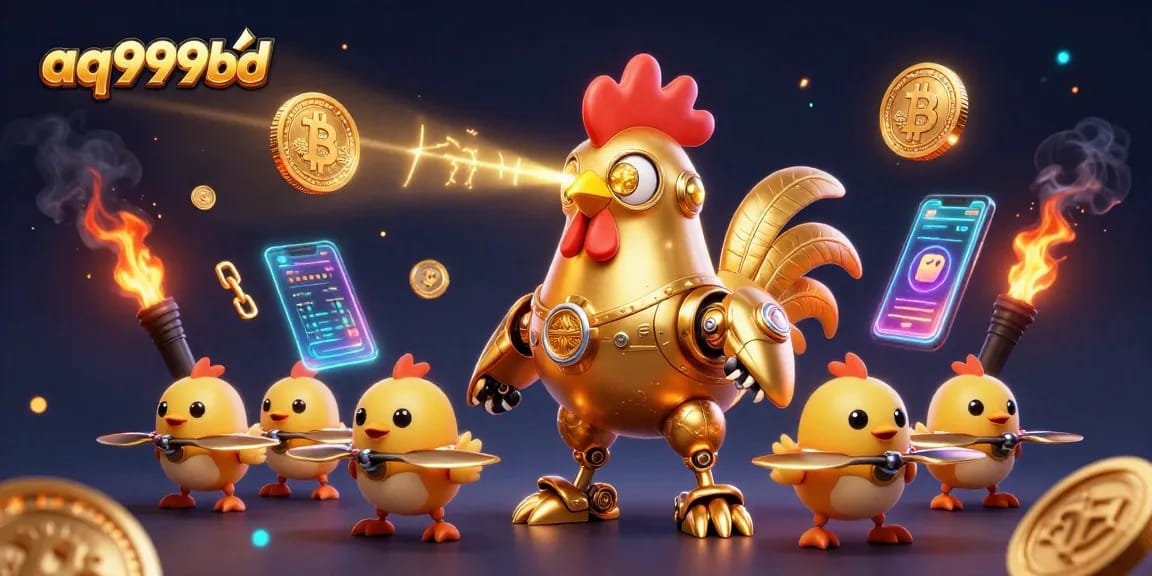 Join the action at aq999bd, where golden rooster robots lead a thrilling casino adventure filled with crypto excitement.