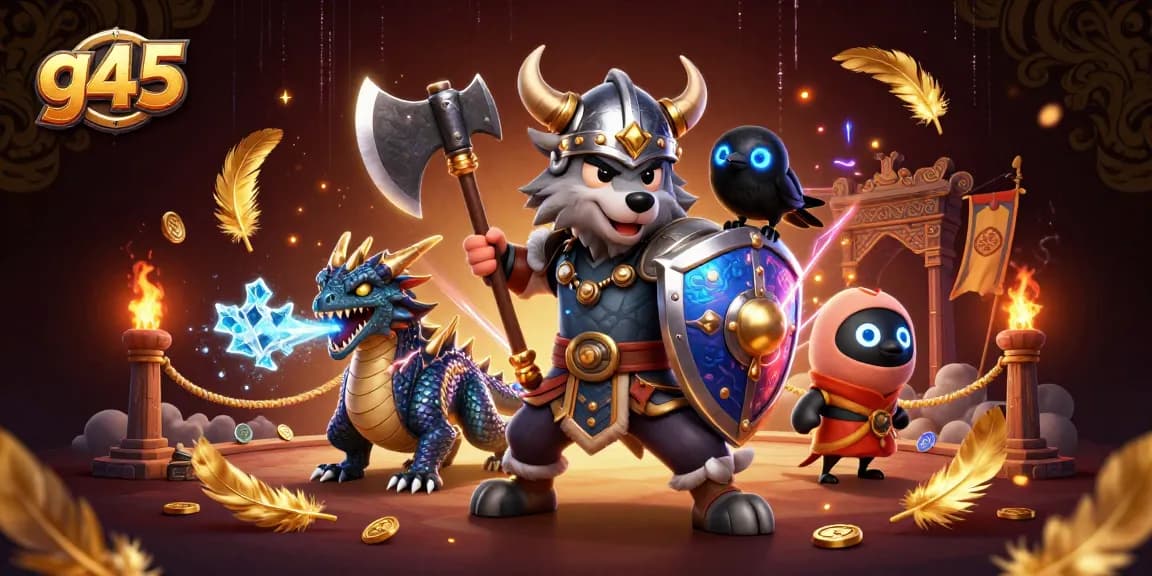 Engage with g45: A Viking wolf warrior and dragon dominate the casino scene.