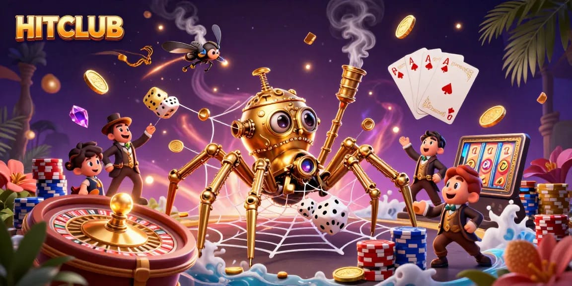 Engage with HITCLUB’s thrilling steampunk casino adventure featuring golden spiders and dice.