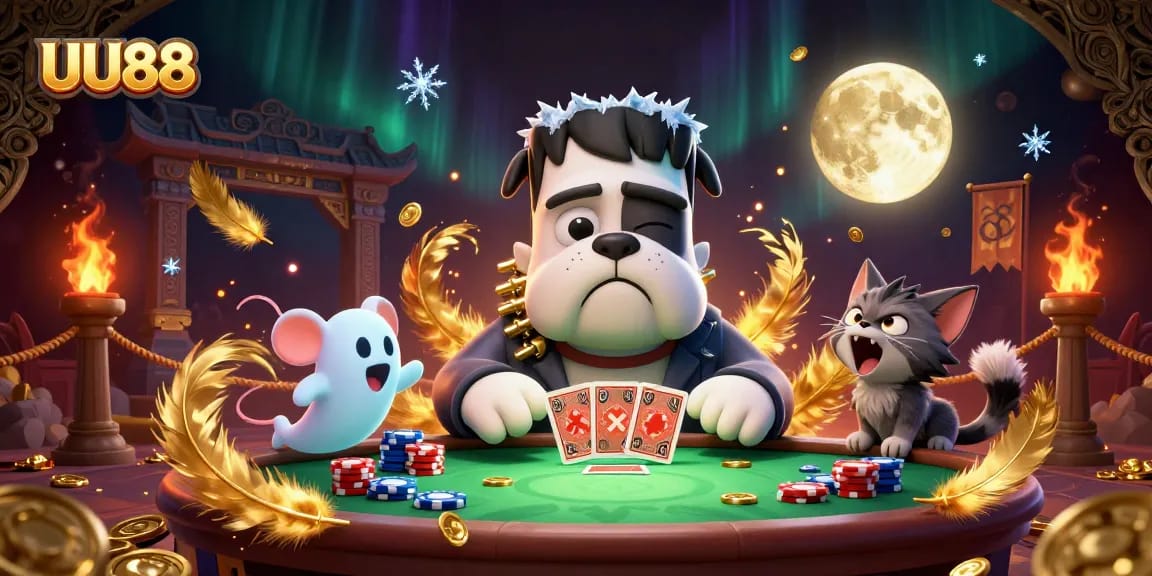 UU88 showcases a lively casino scene with a bulldog monster, ghost mouse, and werewolf kitten.