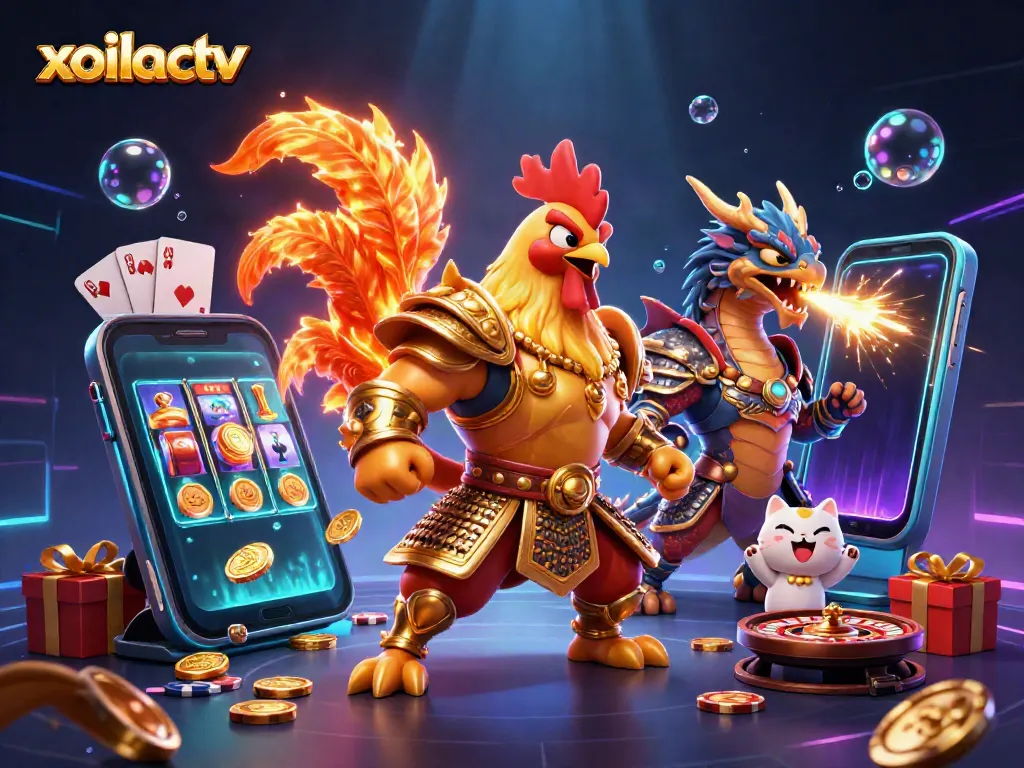 Experience thrilling gambling action with xoilactv, showcasing unique characters amidst vibrant casino elements.