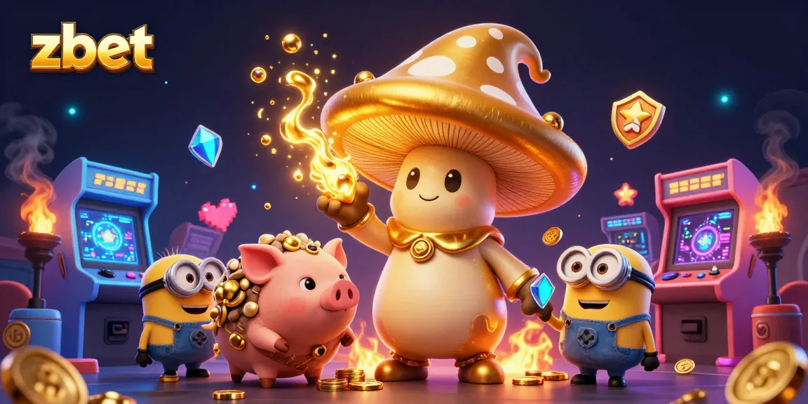 Experience exciting zbet gaming with a golden wizard, treasure pig, and colorful arcade elements.