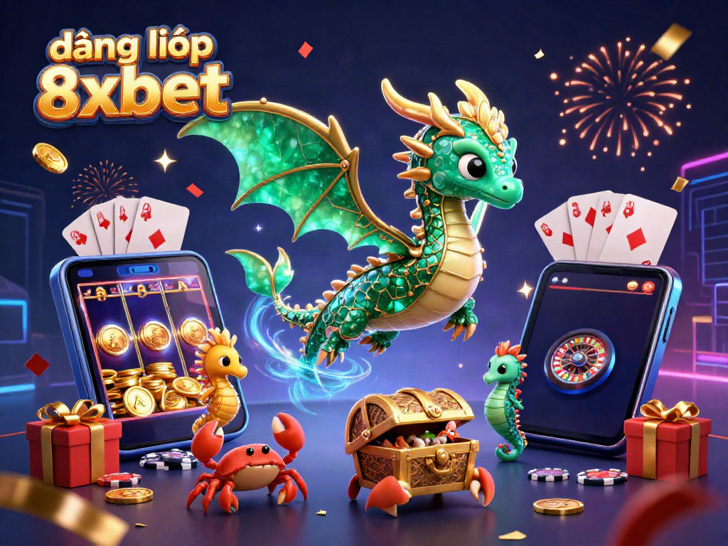 Engage in thrilling gameplay at đăng nhập 8xbet with vibrant casino elements and a stunning sea dragon illustration.