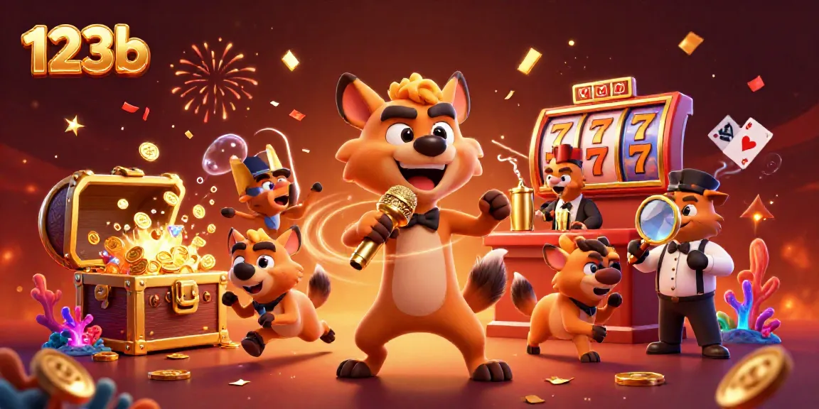 Engage with the 123b comedy casino scene featuring hyenas, gold coins, and vibrant game elements.