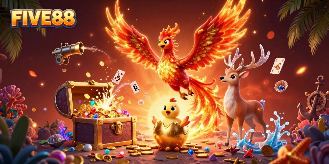 Experience excitement at FIVE88 with a vibrant casino scene featuring mythical creatures and treasure