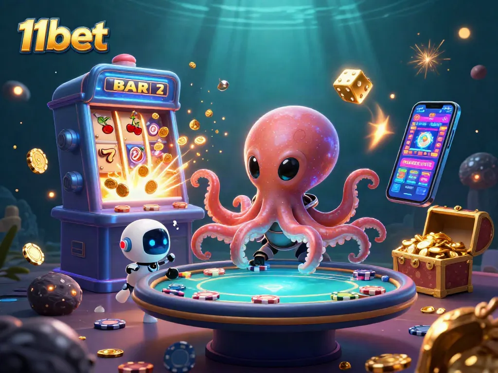 Experience winning thrills at 11bet with a vibrant 3D alien octopus gambling scene.