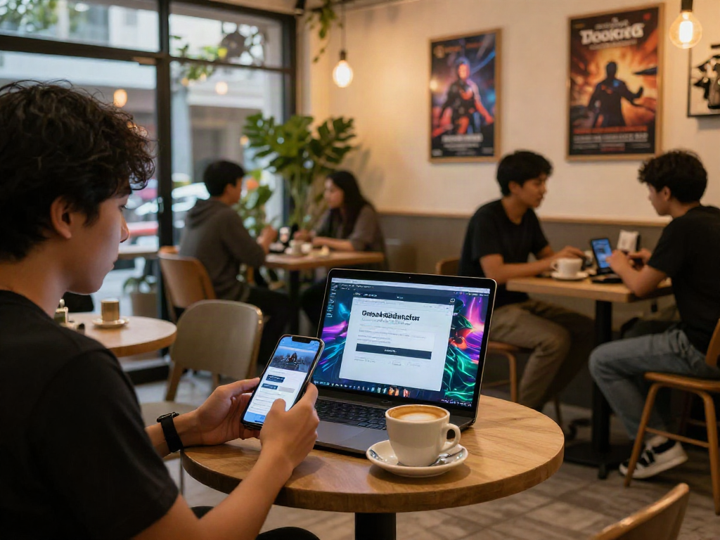 rokok88 daftar registration scene in a cozy urban café with smartphone and laptop.