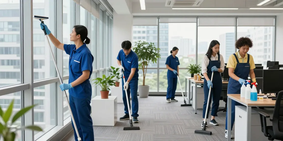 Professionelle Gebäudereinigung Düsseldorf mit Reinigungsteam in urbanem Büro, Fensterputzen und Bodenreinigung.