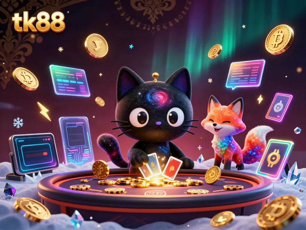 Engage in the vibrant cosmic casino with tk88, where a black hole cat pulls in chips and cards.