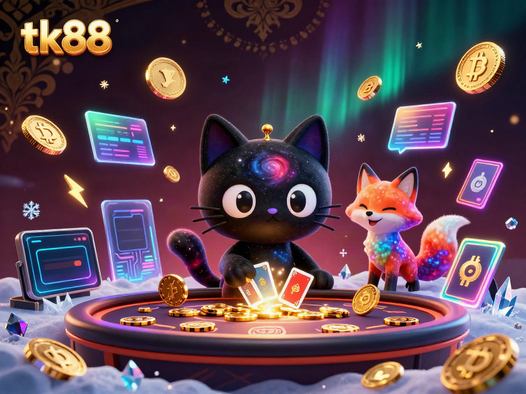 Engage in the vibrant cosmic casino with tk88, where a black hole cat pulls in chips and cards.