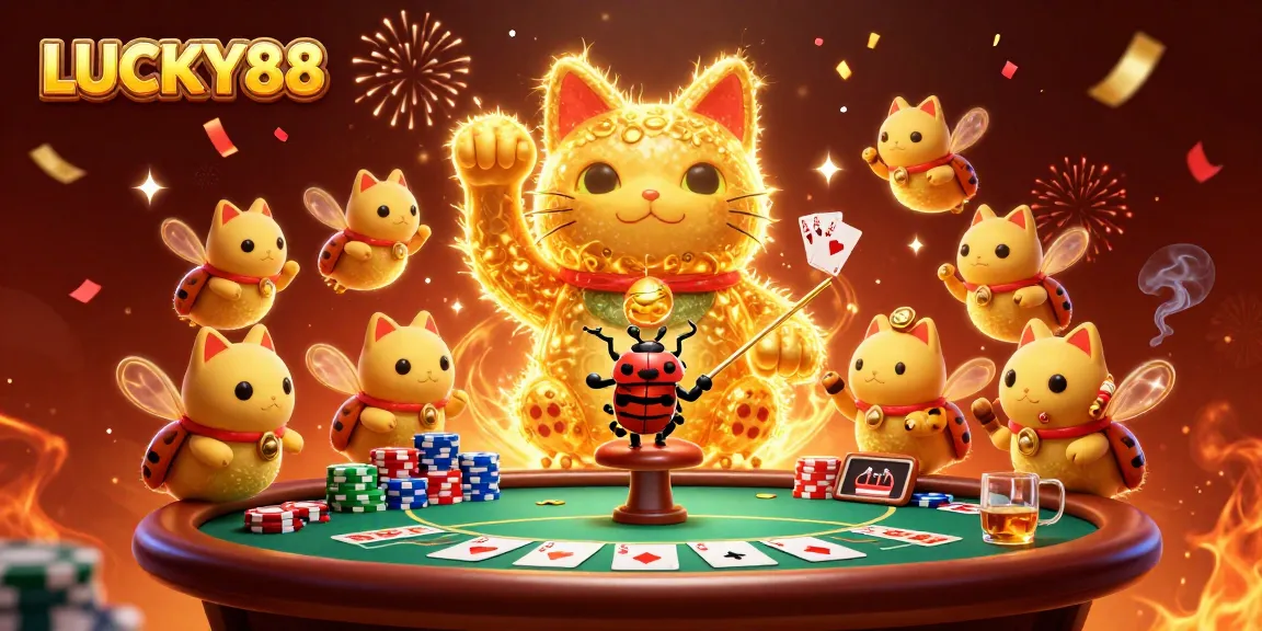 Experience the excitement of LUCKY88 with a vibrant 3D casino illustration featuring dynamic gaming elements.