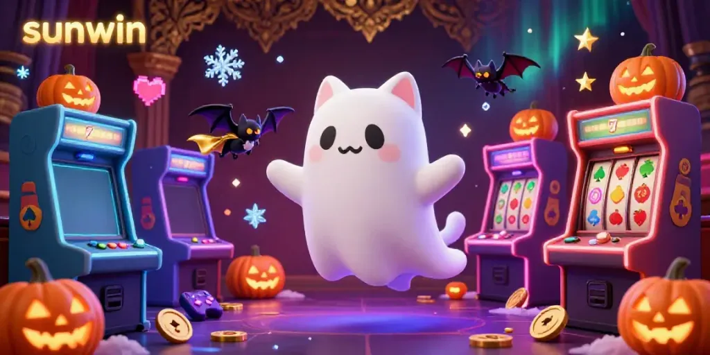Experience the thrill of sunwin with a friendly ghost cat, bat companion, and glowing casino elements.