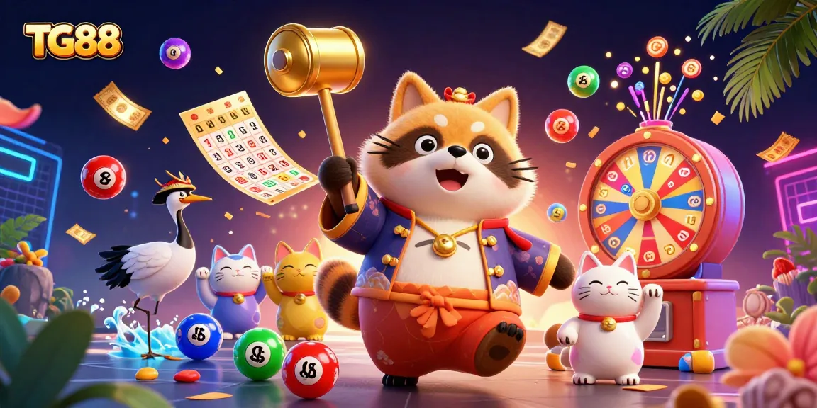 Experience winning excitement at TG88 with a cheerful tanuki and colorful lottery elements.